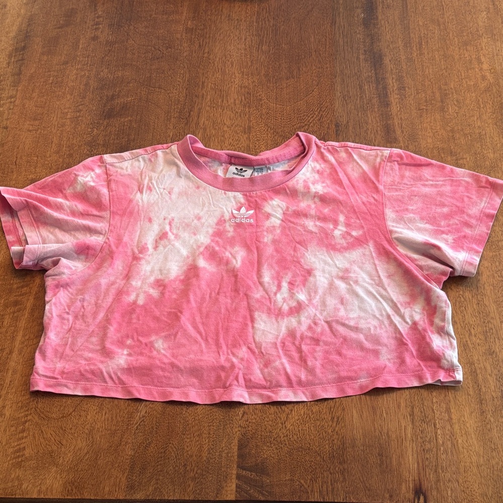 adidas Pink & White Tie-Dye Cropped Tee